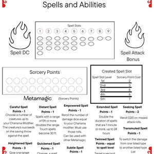 May include: A white and black Sorcerer's spell sheet with the title "Sorcerer Spells and Abilities". It includes sections for spell slots, sorcery points, and Metamagic abilities. The sheet has decorative red corner designs.