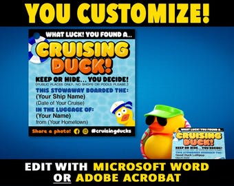 Custom Cruise Duck Tags for Cruising Ducks. Printable Duck Tag Template - Editable PDF download (digital fill-in) or Word Template