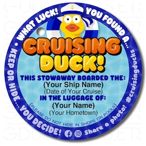 Cruise Duck Tags / Cruising Duck Tags - 2x2&quot; Round / Circle tag. Download and personalize EASY Word template or Digital fill-in pdf.