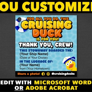 Thank You Crew Cruise Duck Tags / Cruising Ducks - 2x2&quot;. Download EASY Word template or digital fill-in pdf.