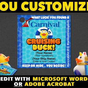 Carnival Cruising Duck Tags / Cruise Duck Tags Carnival - 2x2" Tags. Download and personalize EASY Word template or Digital fill-in pdf.