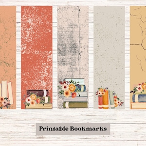 Stack of Books and Flowers Printable Bookmarks, 1.8&quot;w x 6&quot;h, 5 different designs, Digital Download, great gift for book lovers.