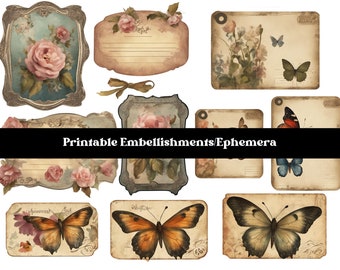 Vintage Flowers and Butterflies Embellishments/Ephemera for use in junk journals, scrapbooks, planners etc.  Digital Download.