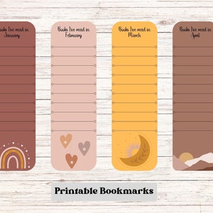 Peut inclure: Signets imprimables sur le thème bohème. Chaque signet a une couleur et un design différents. Les signets sont étiquetés avec les mois de janvier, février, mars et avril. Le texte "Books I've read in" est en haut de chaque signet.