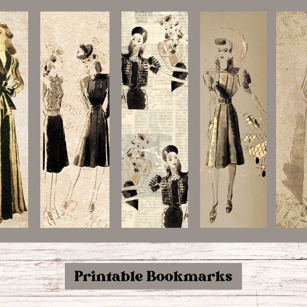 Vintage Ladies Bookmarks, Printable DIY Bookmarks, Vintage Fashion, 1.8"w x 6"h, 5 different designs, Elegant Ladies, Old Fashion.  Chic.