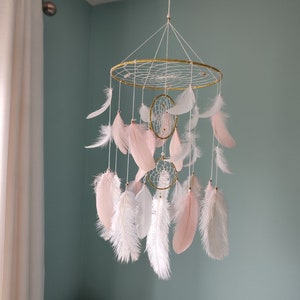 Baby mobile gold pink white, boho mobile nursery decor girl, ostrich feathers boho baby shower gift