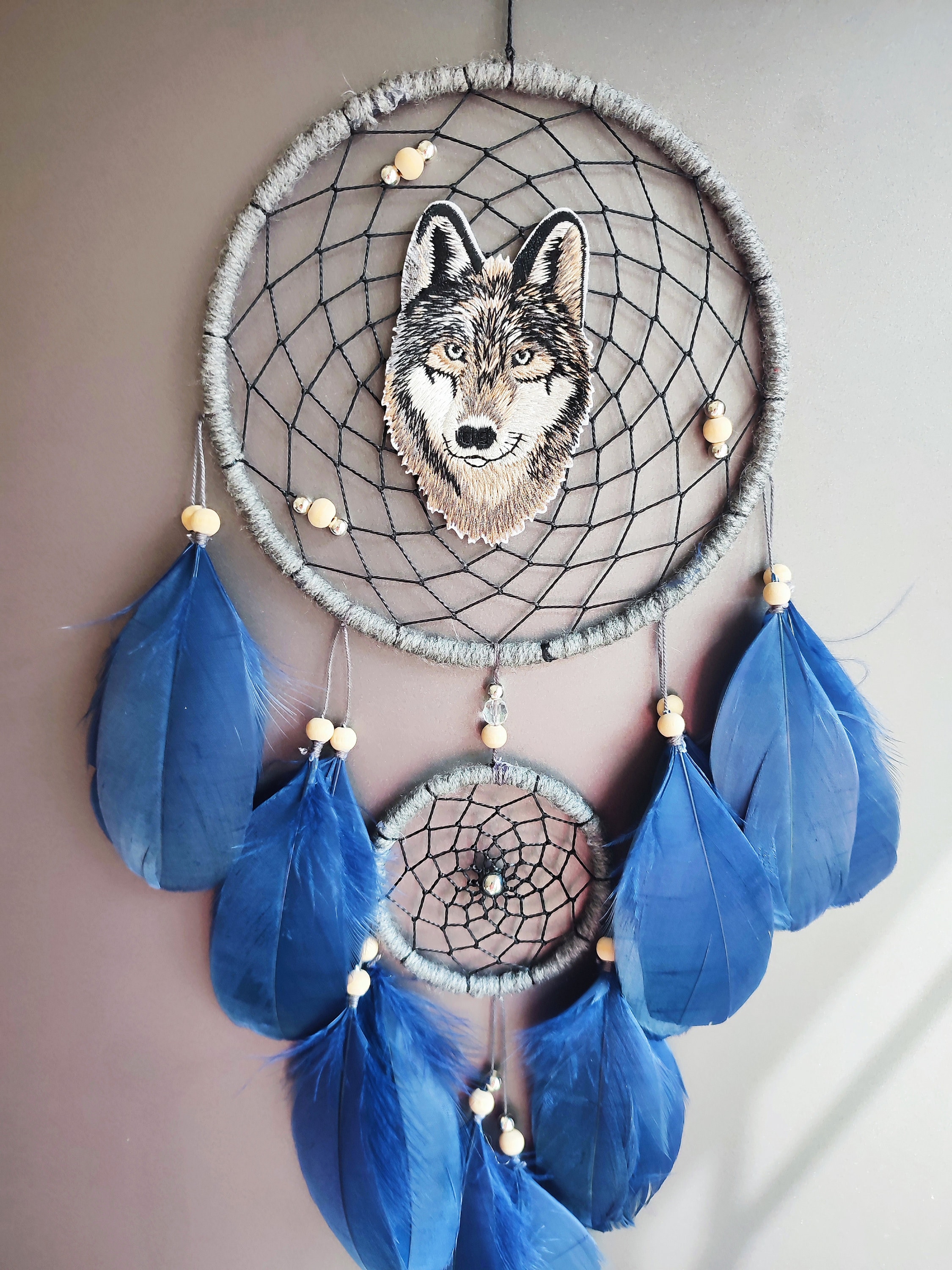 Grey Wolf Dreamcatcher Blue Dream Catcher Bedroom Wall Decor