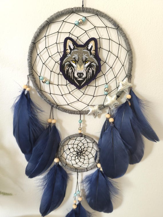 Grey Wolf Dreamcatcher Blue Dream Catcher Bedroom Wall Decor