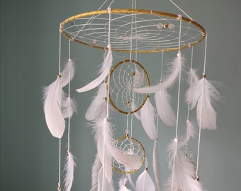 Large Dreamcatcher Baby Mobile Gold White, Boho Mobile