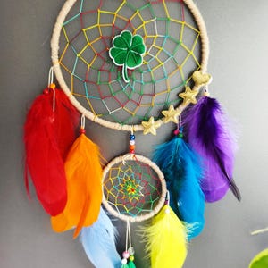 Lucky four leaf clover rainbow dreamcatcher, boho bedroom сottagecore wall hanging decor, good luck gift
