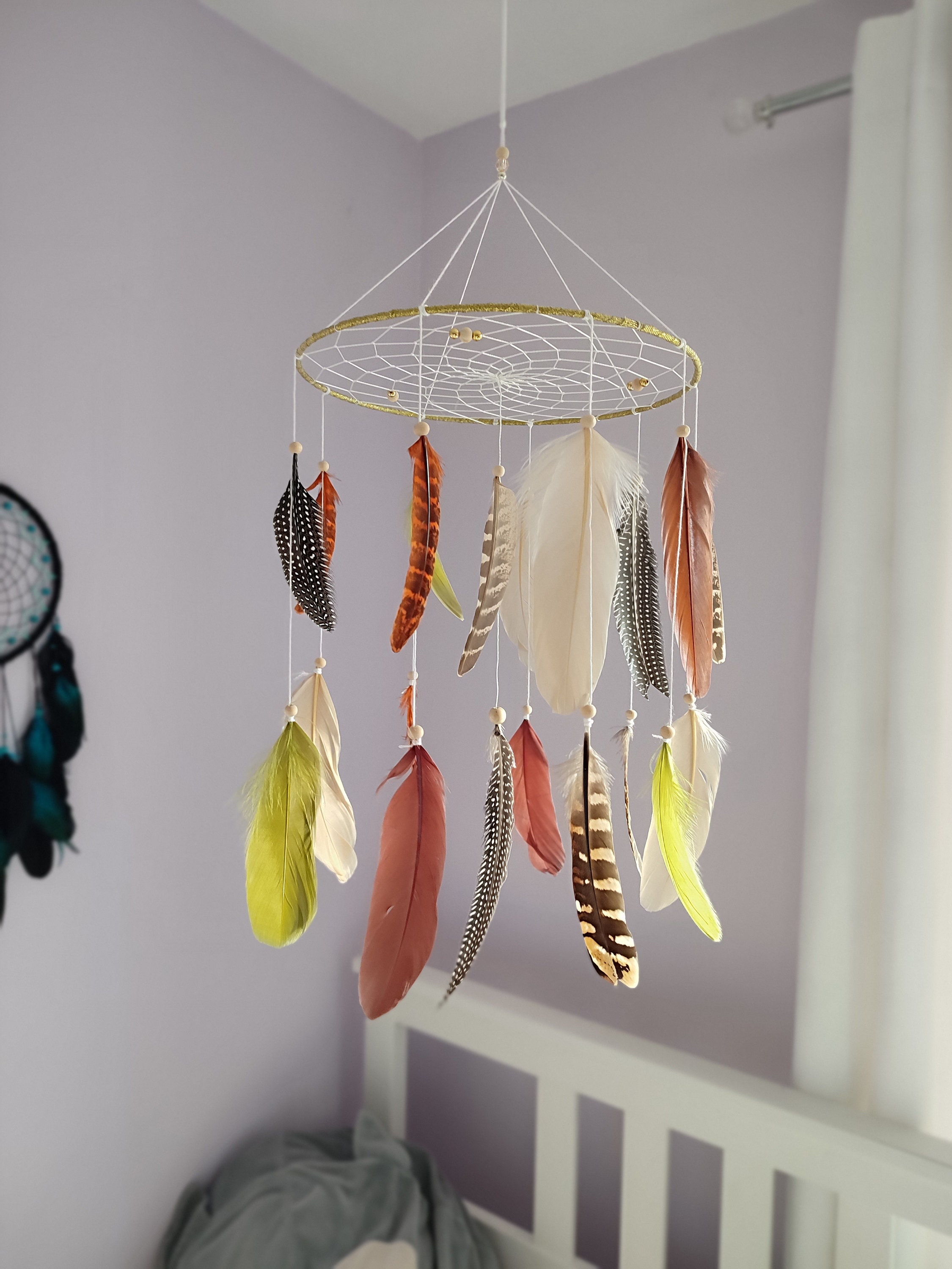 Boho baby mobile large dreamcatcher nursery mobile crib mobile feathers woodland nursery decor boys girls