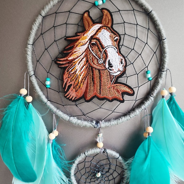 Horse dream catcher teal dreamcatcher native, country style bedroom wall hanging decor, horse lover gift