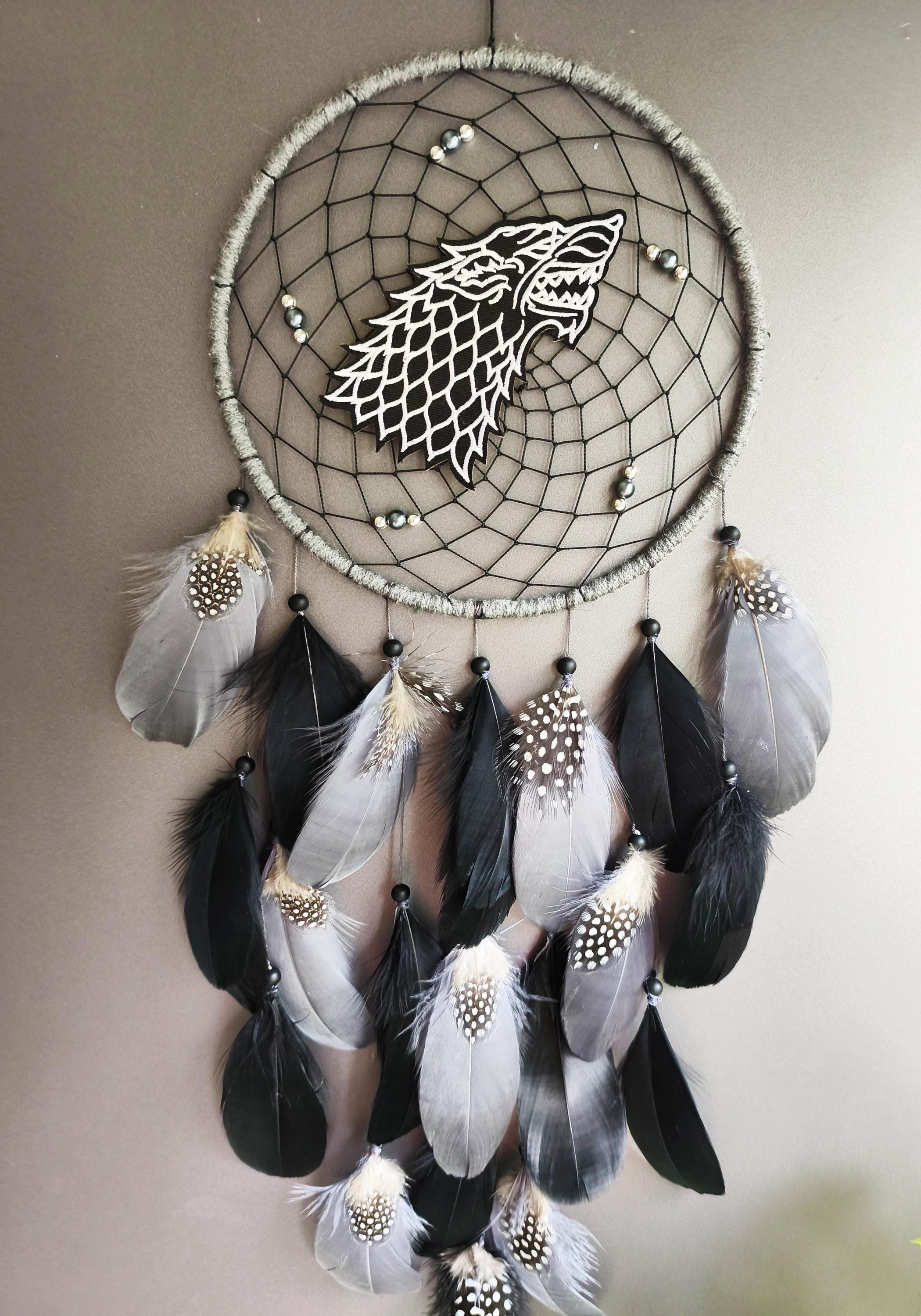 Wolf Dream Catcher Black Grey Large Dreamcatcher, Native Wolf