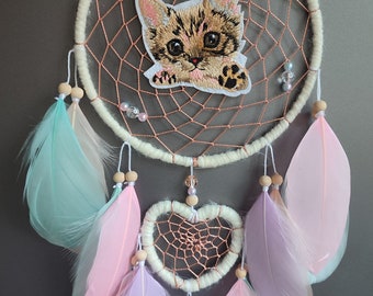 Pastell Katze Traumfänger, Boho Dekor, Kinderzimmer Wand Dekor, Baby Schlafzimmer Dekor, Geschenk für sie, Geschenk für Mädchen, Geschenk für Katzenliebhaber