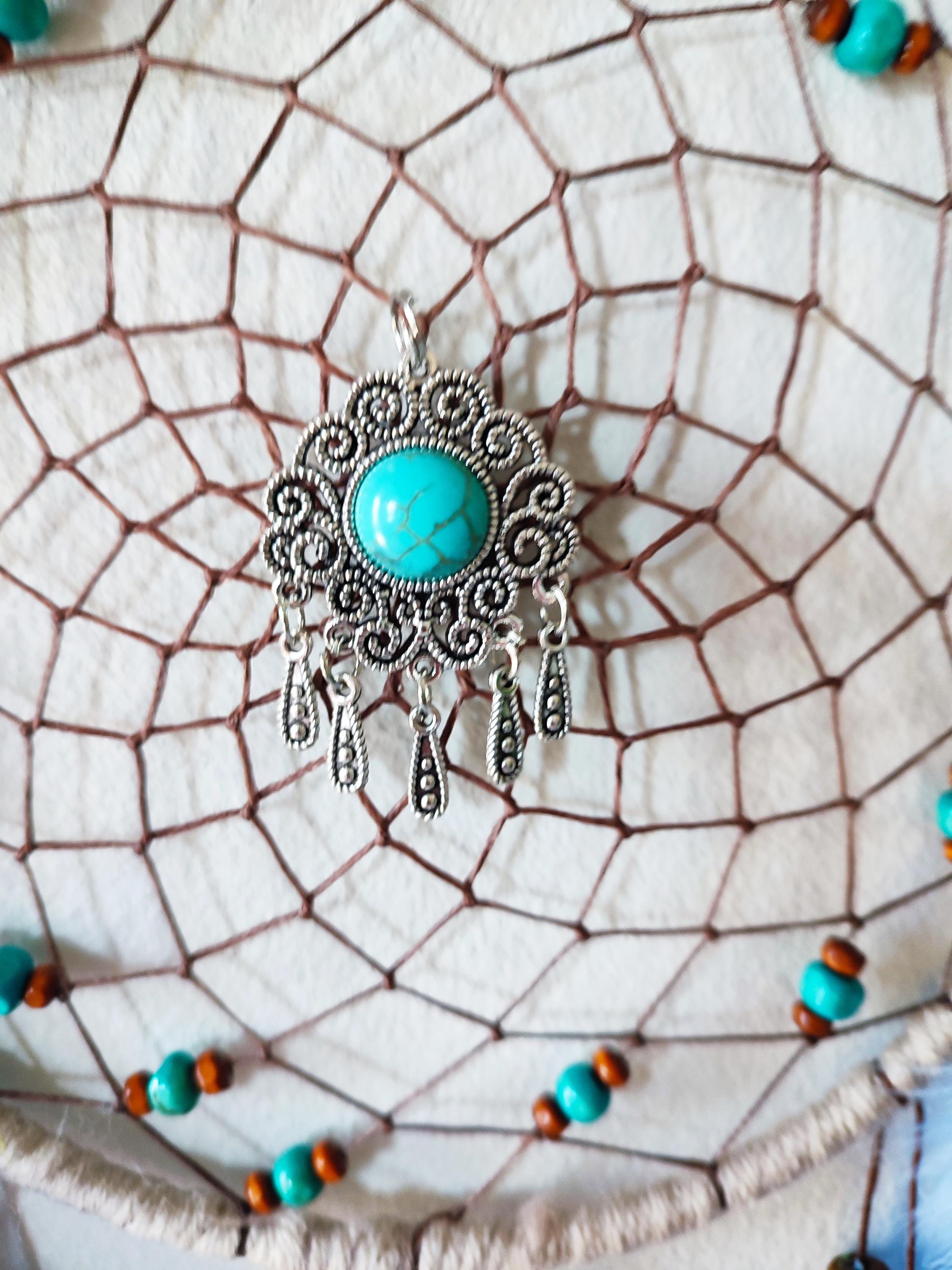 Acchiappasogni Fatto A Mano Con Piume Turchesi - Decorazione Per Camera Da Letto, Regalo Spiritual E Artistico - Foto 9