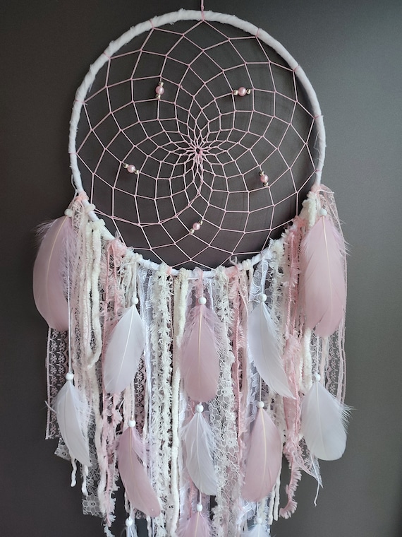 White Pink Dream Catcher, Large Dreamcatcher for Kids, Boho