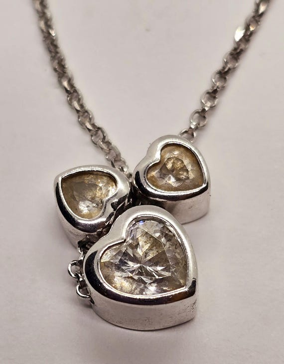 VINTAGE Necklace Sterling Silver 925 Hearts Cubic Zirconia CZ