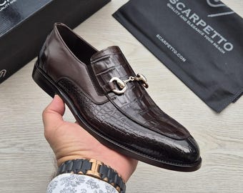 Espresso Matte Croco Embossed Leather Loafers with Polished Horsebit Snaffle Detail