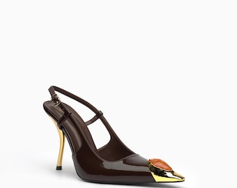 Regina Patent Leather Heels: Mirror-Gold Toe Cap, Cabochon Stone, Blade Heel