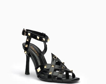 Borchia Leather Stiletto Heels: Polished Gold Pyramid Studs, Evening Party Shoes