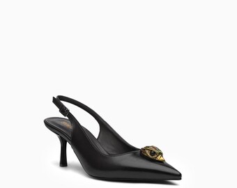 Talismano Slingback Heels: Antiqued Gold Winged Eye Emblem, 70mm Slim Heel