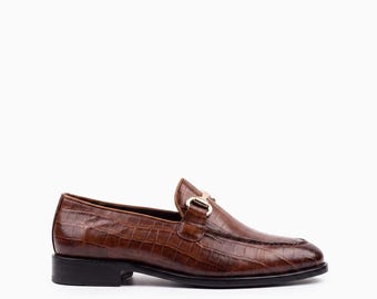 Handmade Croco Leather Loafers: Men's Slip-On Dress Shoes