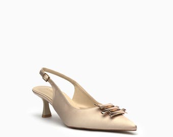 Satin Slingback Heels: Gold Chain-Link Plaque, 65mm Spool Heel