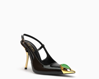 Regina Patent Leather Heels: Mirror-Gold Toe Cap, Cabochon Stone, Blade Heel