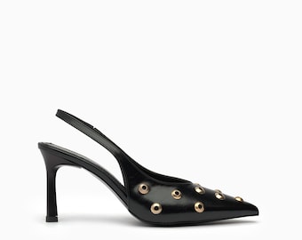 Black Aurelia Slingback Heels: Glossy Leather, Gold Grommet Detail, Pointed Toe 85mm Heel