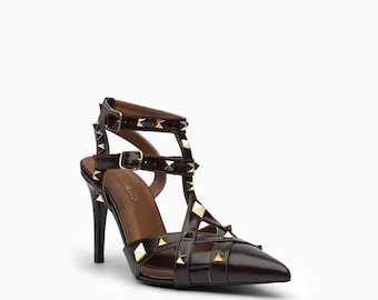 Valentina Studded Leather Sandal: Gold Pyramid Studs, Caged T-Strap, 100mm Heel