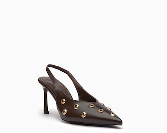 Aurelia Slingback Heels: Glossy Leather, Gold Grommet Detail, Pointed Toe 85mm Heel
