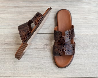 Premium Leather Men&#39;s Sandals | Handmade Anti-Skid Slides with Rubber Sole | Open Toe Slippers for Men and Women