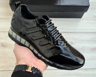Premium Patent Leather Sneakers w/Red Details in Black | Handmade Sneakers | Men's Genuine Casual Leather Shoes for Party Prom Hiking