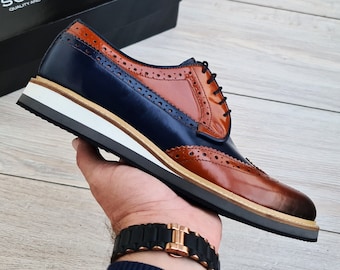 Handmade Leather Spectator Wingtip Leather Dress Shoe | Brown-Navy-Blue Mens Derby Shoes | Genuine Leather Lace-up Derby Shoes for Men