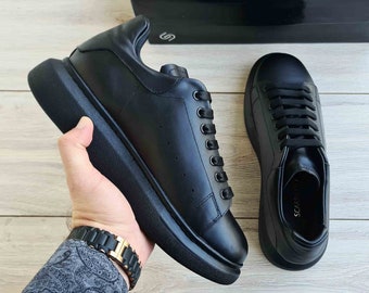 Black Genuine Leather Platform Sneakers | Handmade Lace Up Shoe with Platform High Sole | Premium Genuine Leather Shoes