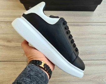 Zapatillas de plataforma de cuero genuino negro/blanco / zapato con cordones hecho a mano con suela alta de plataforma / zapatos de cuero genuino de primera calidad