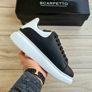 Black/White Genuine Leather Platform Sneakers | Handmade Lace Up Shoe with Platform High Sole | Premium Genuine Leather Shoes