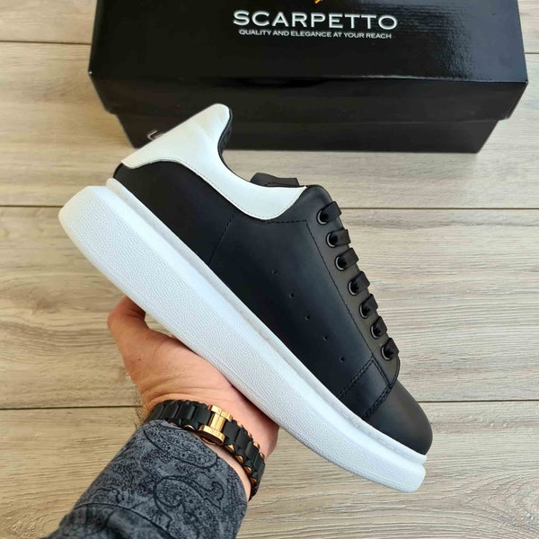 Sneakers con plateau in vera pelle nera/bianca / Scarpe stringate fatte a mano con suola alta con plateau / Scarpe in vera pelle premium