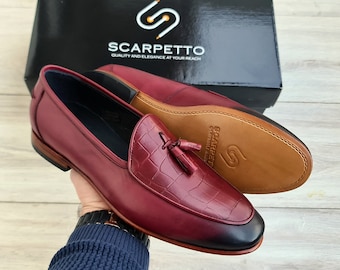 Burgundy Croco Leather Men's Loafer: Handmade Tassel Slip-On Shoes