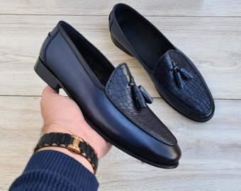 Genuine Leather Loafers Men Prom blue Casual Bee Shoes Luxury