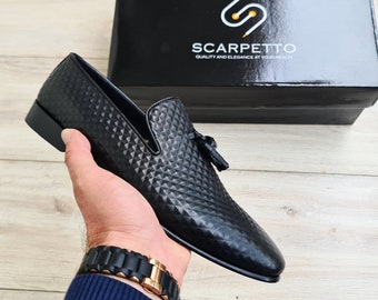 Handmade Leather Tassel Loafers | Men's Black Slip-On Dress Shoes