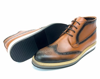Handmade Tan Leather Wingtip Boots: Men display picture 2