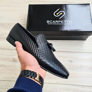 Premium Leather Men&#39;s Spiky Tassel Loafer in Black | Handmade Slip-On Dress Shoes for Men | Leather Casual Shoes for Party Prom Wedding