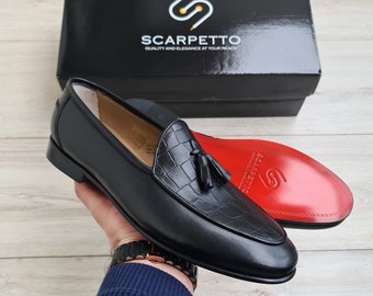 Black Croco Leather Tassel Loafers - Handmade Red Sole Slip  display picture 3