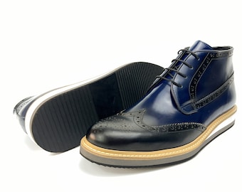 Handmade Leather Spectator Wingtip Boots: Navy Blue Derby Shoes