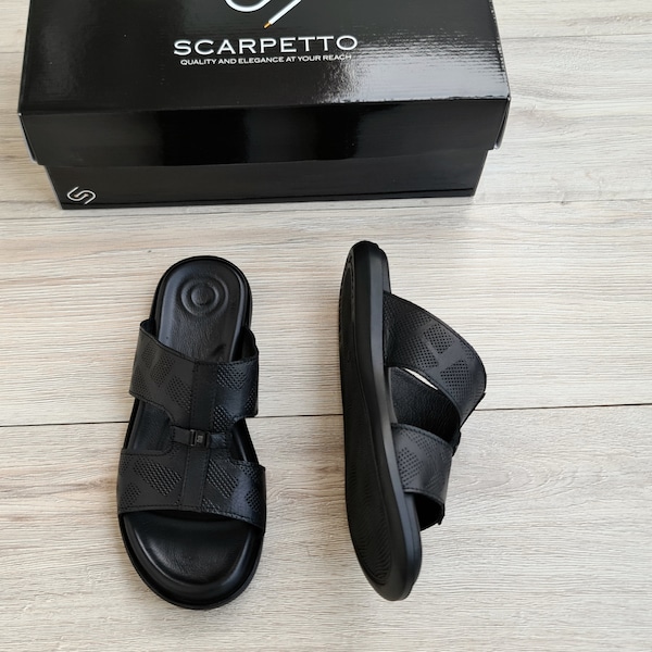 Premium Leather Men's Sandals | Handmade Anti-Skid Slides with Rubber Sole | Open Toe Slippers for Men and Women