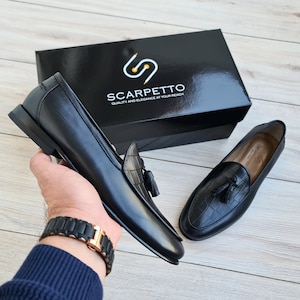 Black Croco Leather Men's Tassel Loafer | Handmade Slip-On Dress Shoes for Men | Genuine Leather Casual Shoes for Parties