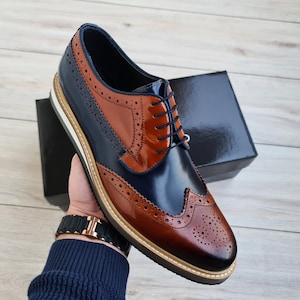 Handmade Leather Spectator Wingtip Leather Dress Shoe Brown-Navy-Blue Mens Derby Shoes Genuine Leather Lace-up Derby Shoes for Men image 4