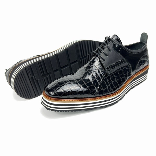 Handmade Premium Crocodile Leather Men's Formal Shoe | Black Antique Bordeaux Leather Dress Shoe | Genuine Leather Lace-up Shoes for Men