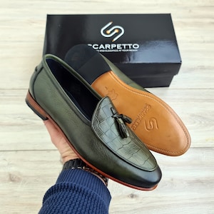 Army Green Croco Leather Men&#39;s Tassel Loafer | Handmade Slip-On Dress Shoes for Men | Genuine Leather Casual Shoes for Parties